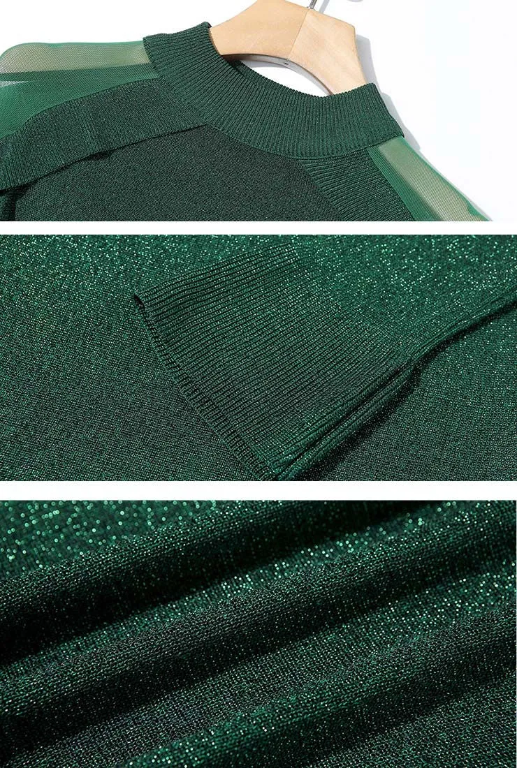 Shiny Yarn Knit Top   Pleated Midi Skirt Two Piece Set
