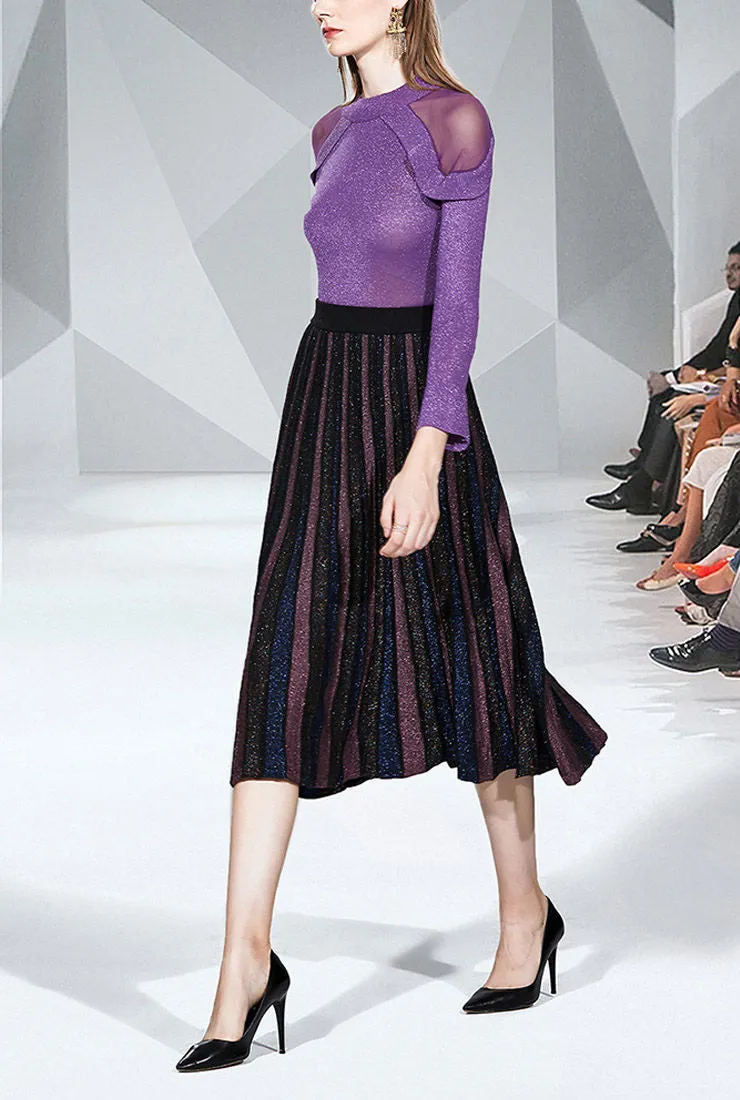 Shiny Yarn Knit Top   Pleated Midi Skirt Two Piece Set