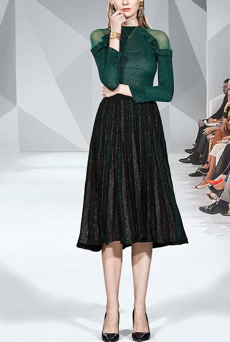 Shiny Yarn Knit Top   Pleated Midi Skirt Two Piece Set