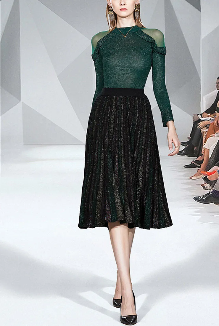 Shiny Yarn Knit Top   Pleated Midi Skirt Two Piece Set