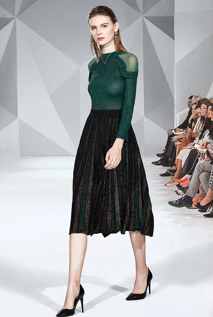 Shiny Yarn Knit Top   Pleated Midi Skirt Two Piece Set