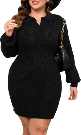 ShopWonder Women Plus Size V-neck Long Sleeve Knit Stretchable Elasticity Slim Sweater Bodycon Midi Pullover Sweater Dress