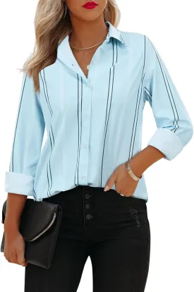siliteelon Button Down Shirts for Women Striped Long Sleeve Dress Shirts Collared Office Work Blouses Button Up Tops