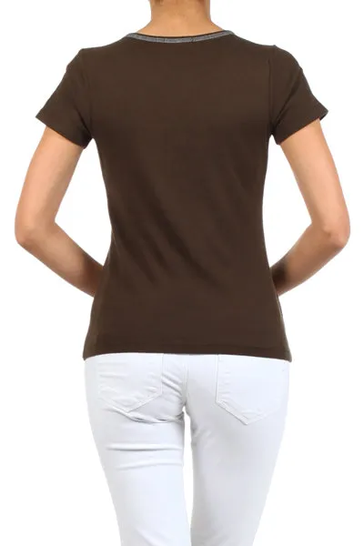 Solid knit tee with a rhinestone embellished, screen printed graphic on front bodice