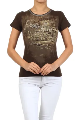 Solid knit tee with a rhinestone embellished, screen printed graphic on front bodice
