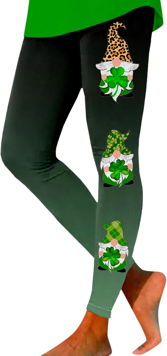 St Patricks Day Leggings for Women Shamrock Leaves Green Pant Slim Fit Tummy Control Leggings Irish Green Yoga Pants