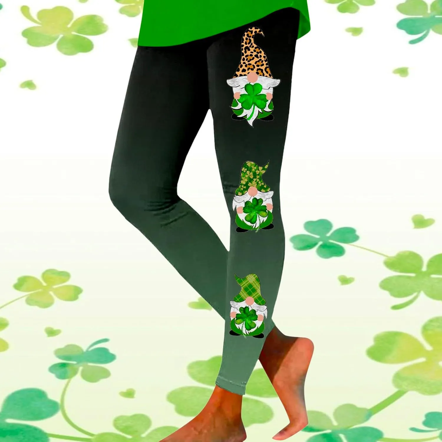 St Patricks Day Leggings for Women Shamrock Leaves Green Pant Slim Fit Tummy Control Leggings Irish Green Yoga Pants