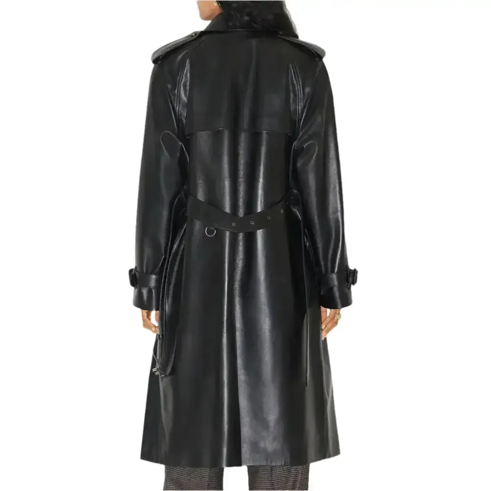 Statement Black Women's Leather Trench Coat - Elegant & Timeless