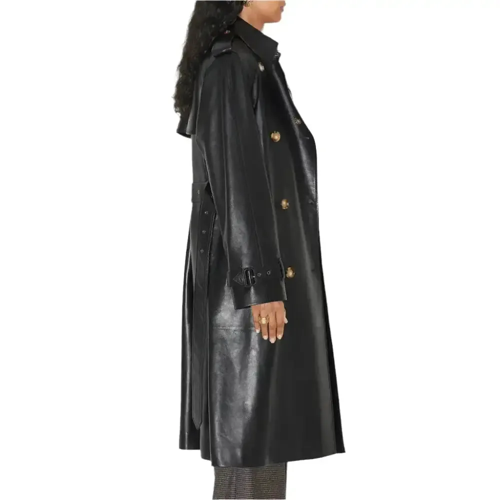Statement Black Women's Leather Trench Coat - Elegant & Timeless