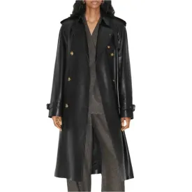 Statement Black Women's Leather Trench Coat - Elegant & Timeless