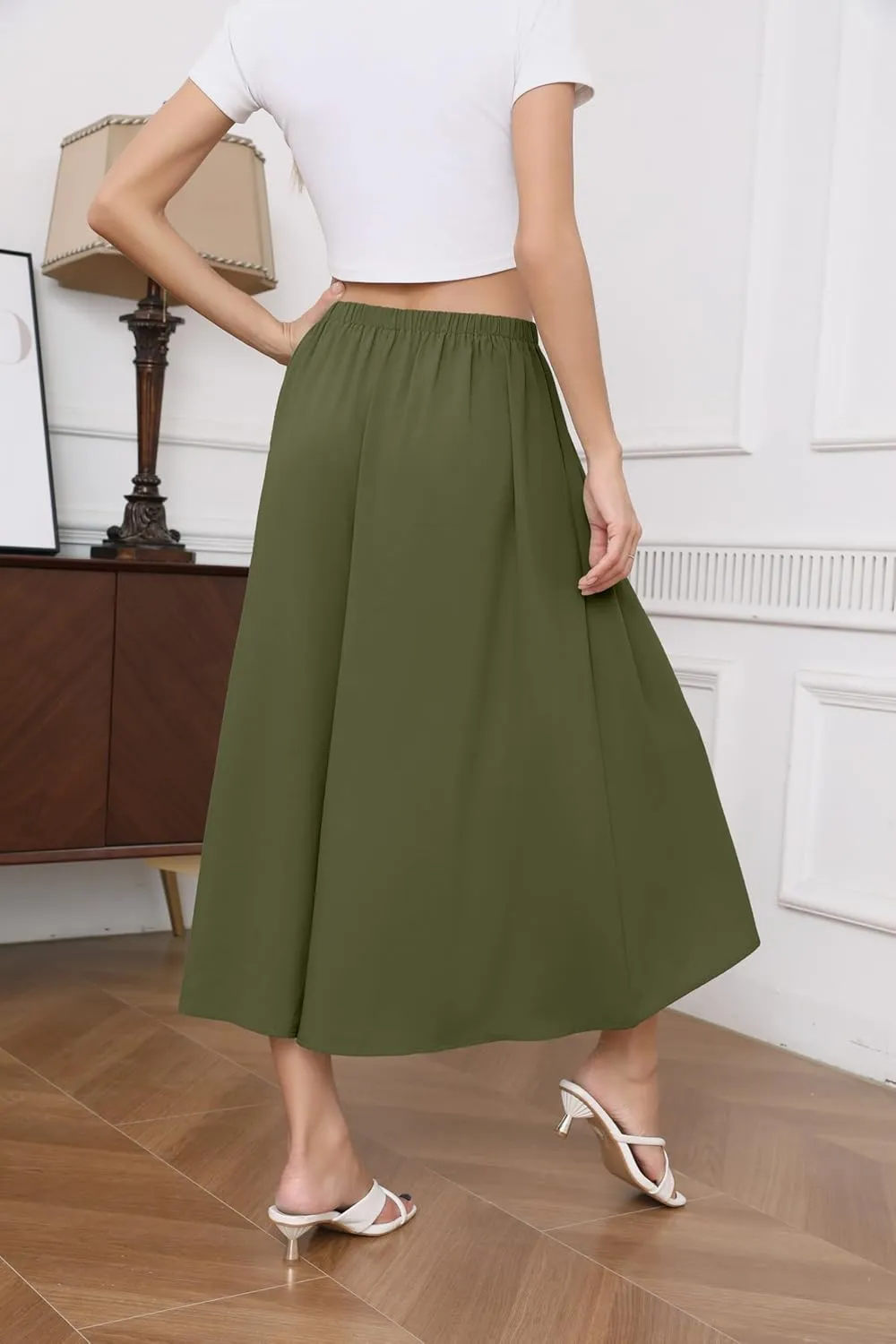 SUEANI Women's Wide Leg Capri Pants Baggy Culottes Elastic Waist Casual Palazzo Pants with Pockets