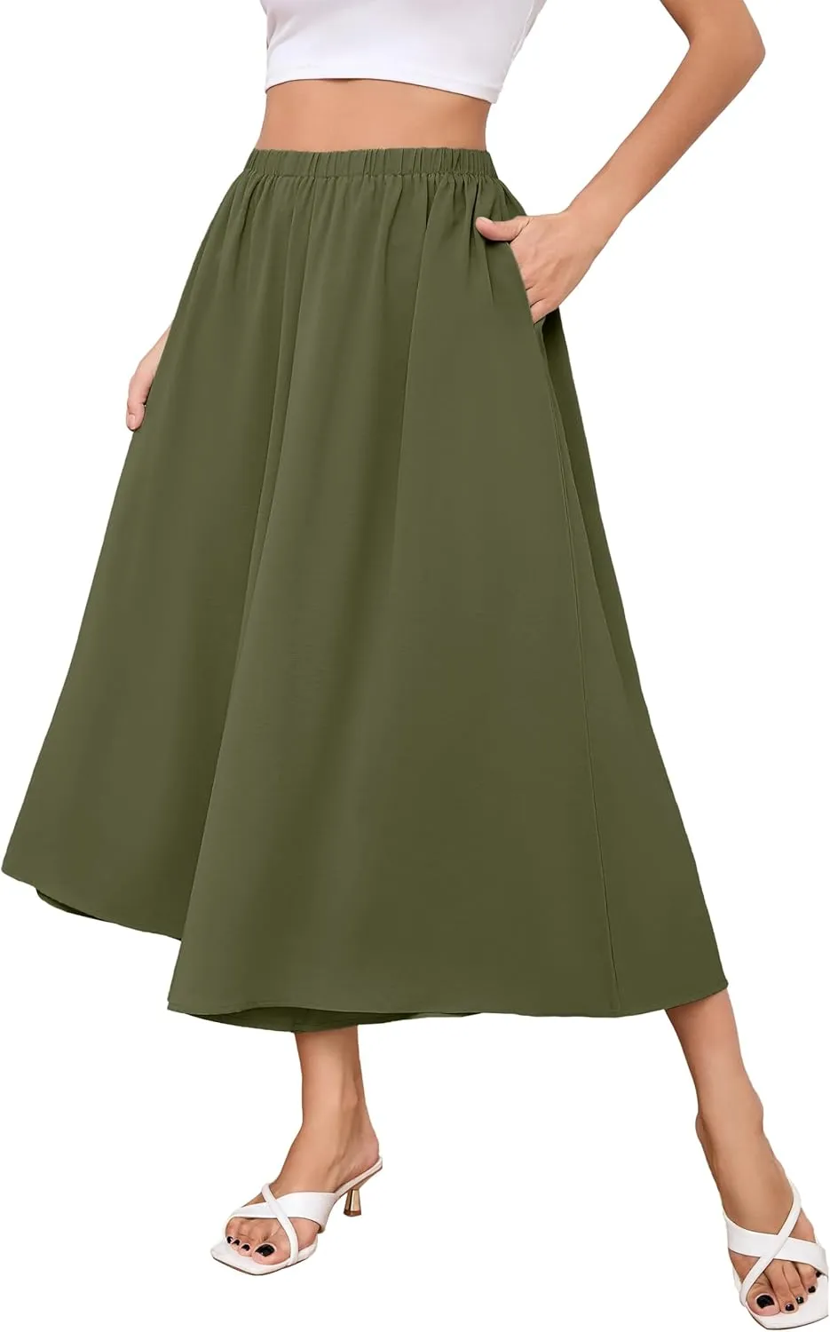 SUEANI Women's Wide Leg Capri Pants Baggy Culottes Elastic Waist Casual Palazzo Pants with Pockets