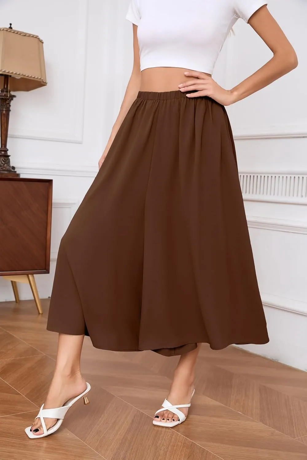 SUEANI Women's Wide Leg Capri Pants Baggy Culottes Elastic Waist Casual Palazzo Pants with Pockets