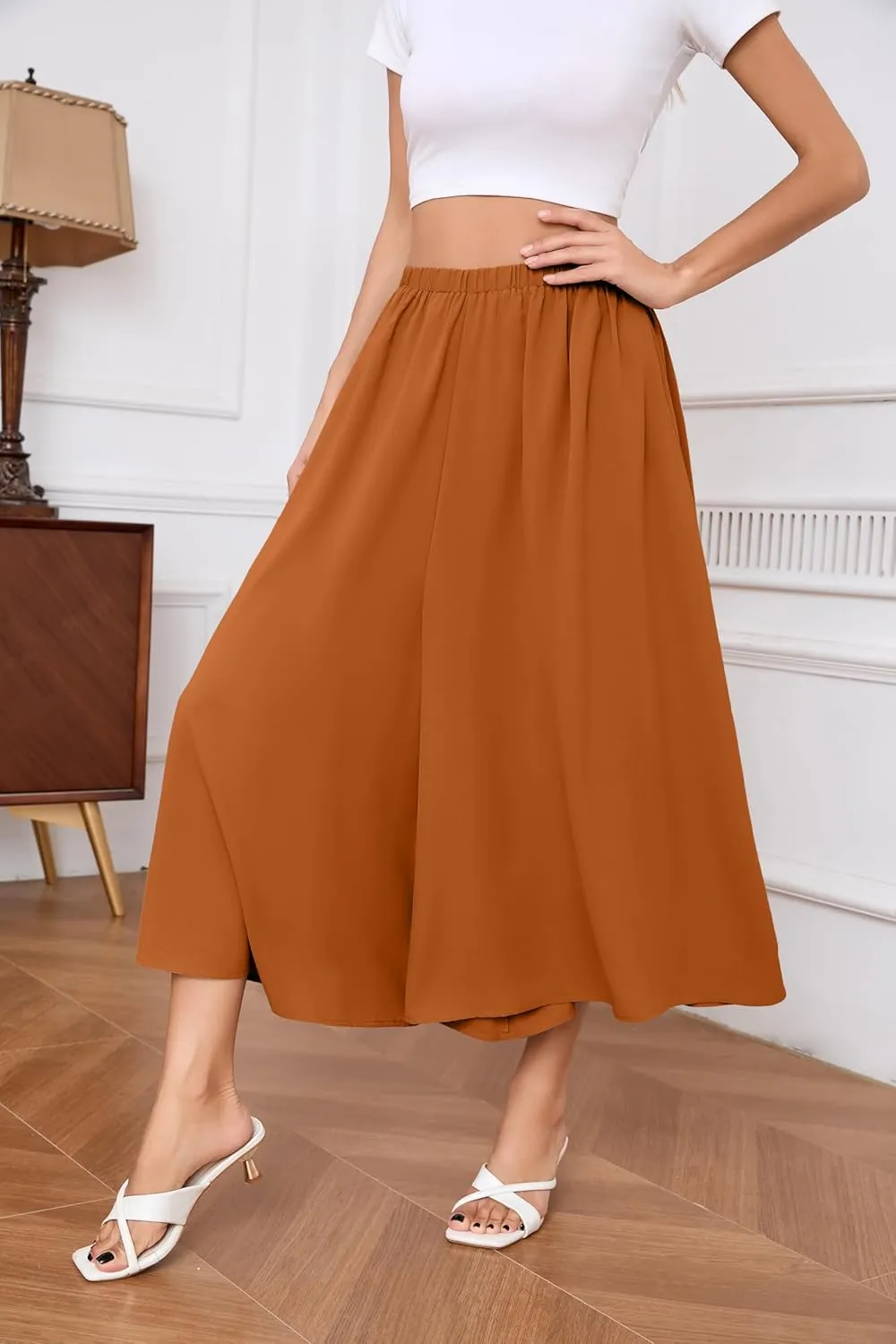 SUEANI Women's Wide Leg Capri Pants Baggy Culottes Elastic Waist Casual Palazzo Pants with Pockets