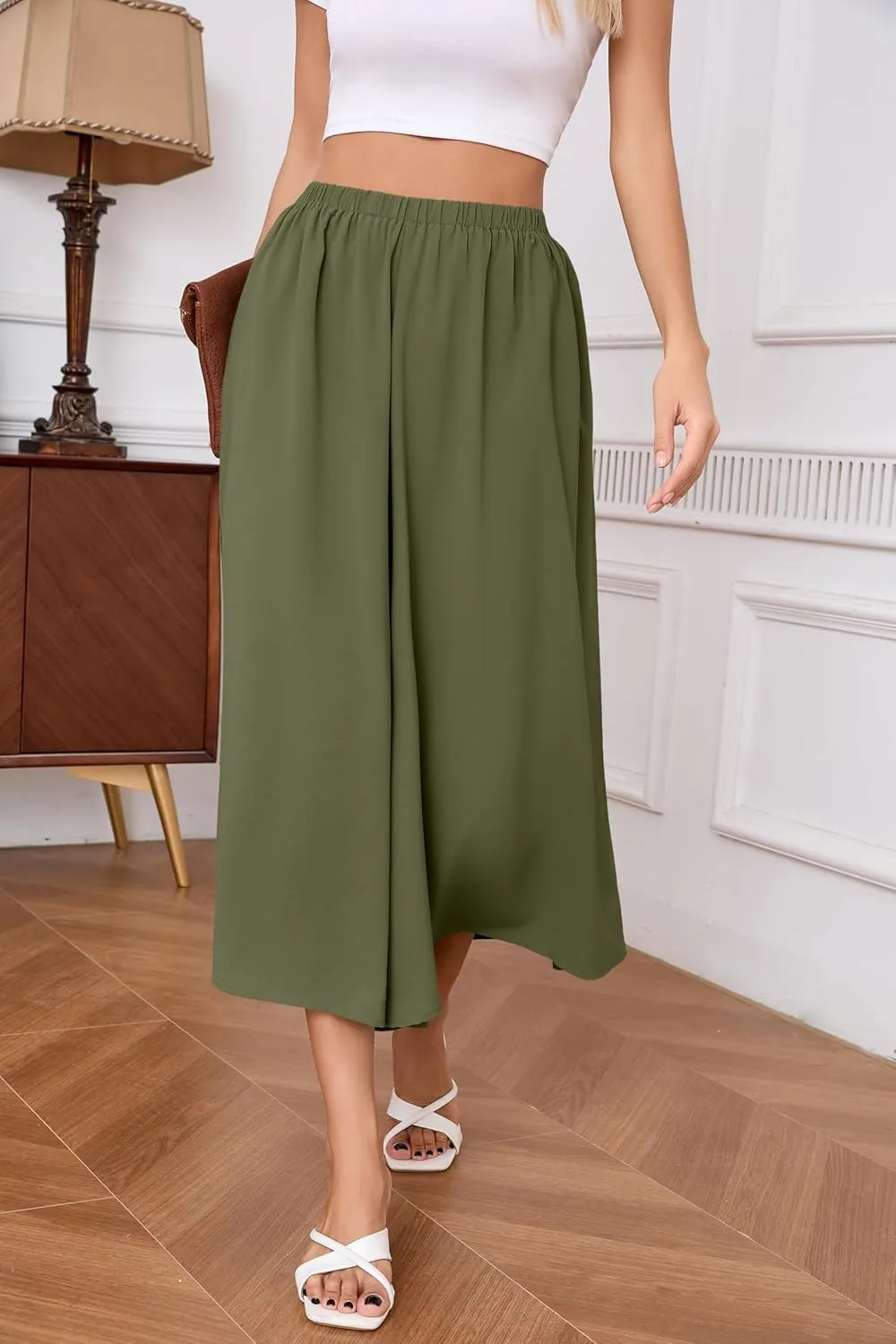 SUEANI Women's Wide Leg Capri Pants Baggy Culottes Elastic Waist Casual Palazzo Pants with Pockets