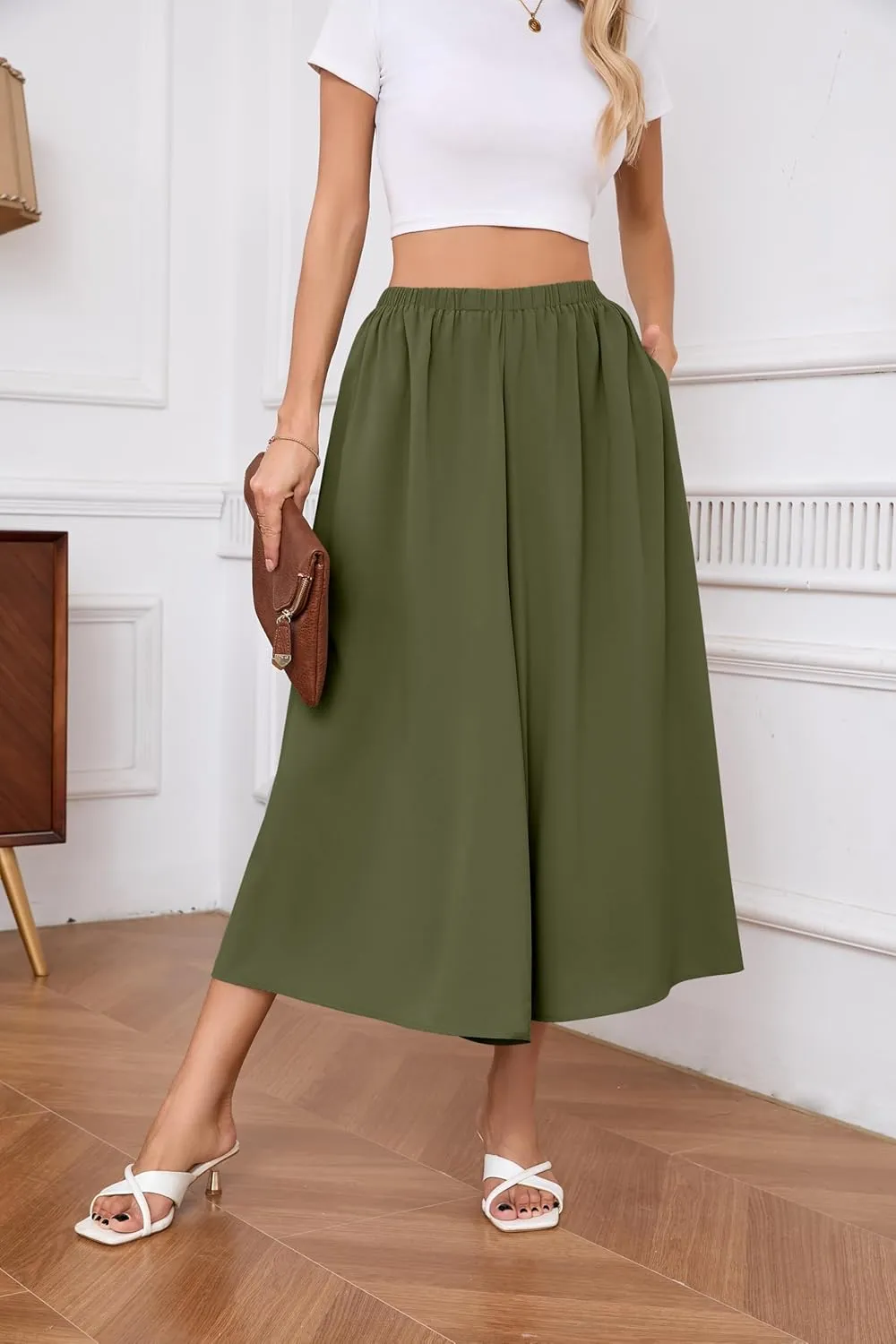 SUEANI Women's Wide Leg Capri Pants Baggy Culottes Elastic Waist Casual Palazzo Pants with Pockets