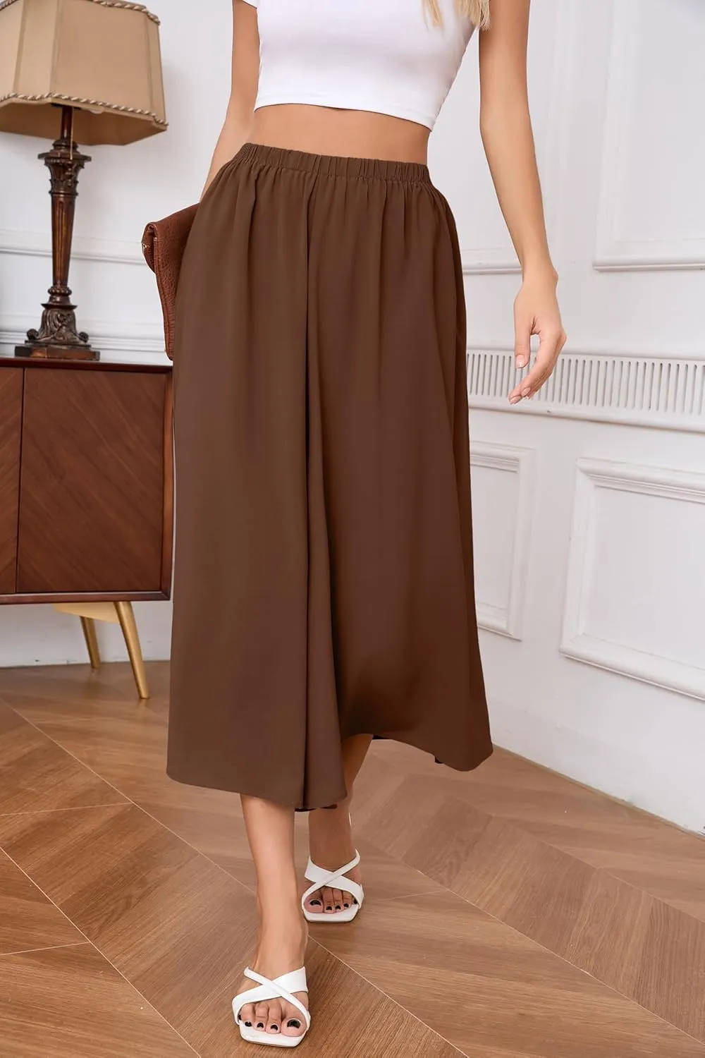 SUEANI Women's Wide Leg Capri Pants Baggy Culottes Elastic Waist Casual Palazzo Pants with Pockets