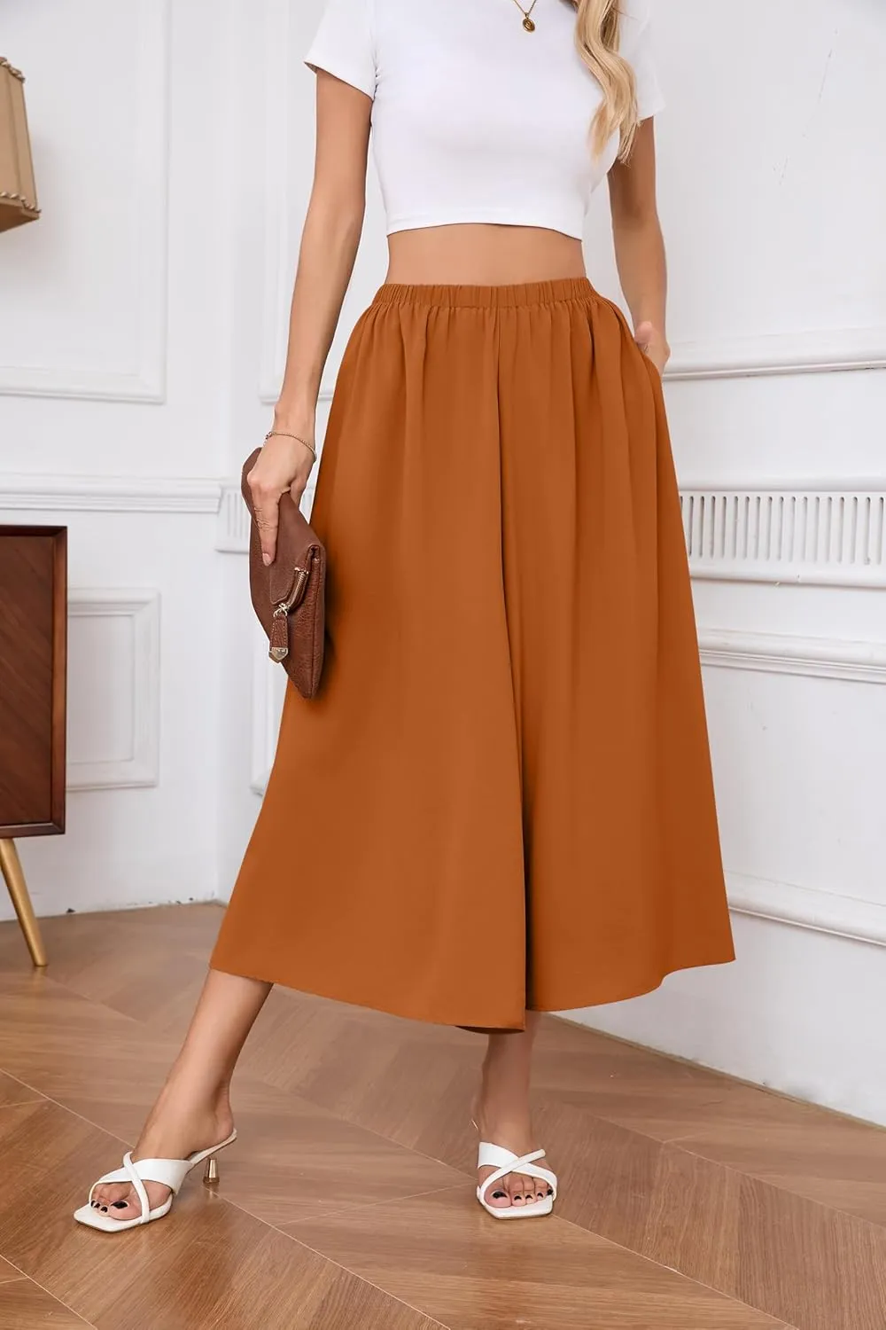 SUEANI Women's Wide Leg Capri Pants Baggy Culottes Elastic Waist Casual Palazzo Pants with Pockets