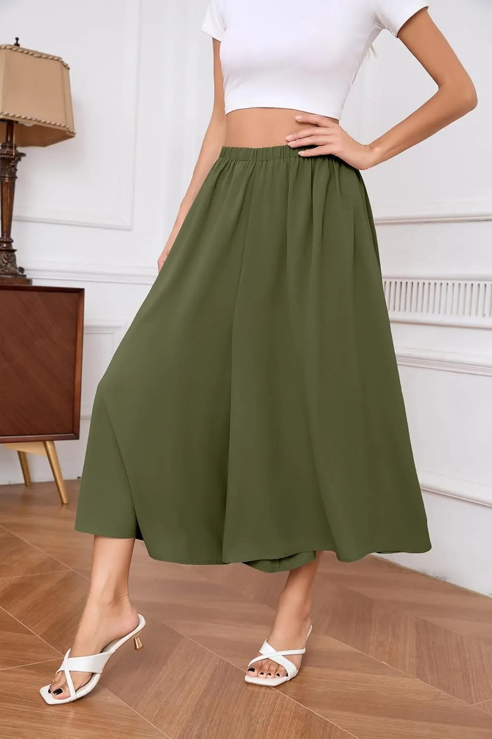 SUEANI Women's Wide Leg Capri Pants Baggy Culottes Elastic Waist Casual Palazzo Pants with Pockets