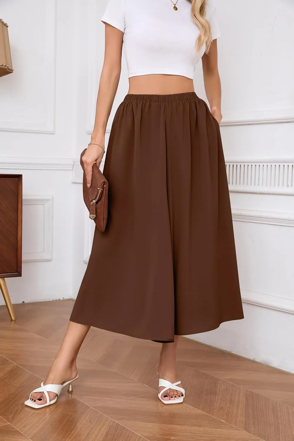 SUEANI Women's Wide Leg Capri Pants Baggy Culottes Elastic Waist Casual Palazzo Pants with Pockets