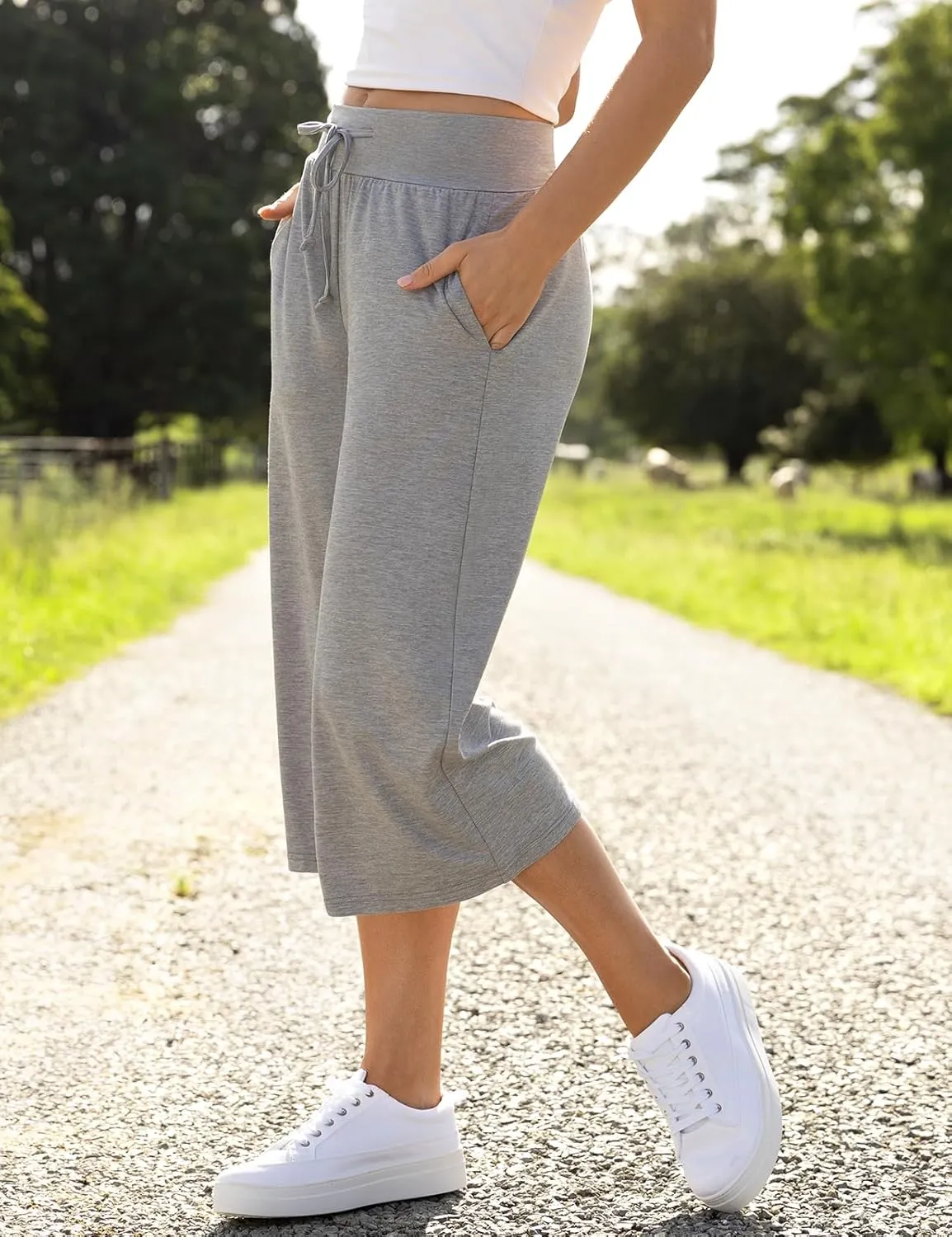 TARSE Wide Leg Cropped Palazzo Pants for Women Culottes with Pockets Summer Gaucho Pants