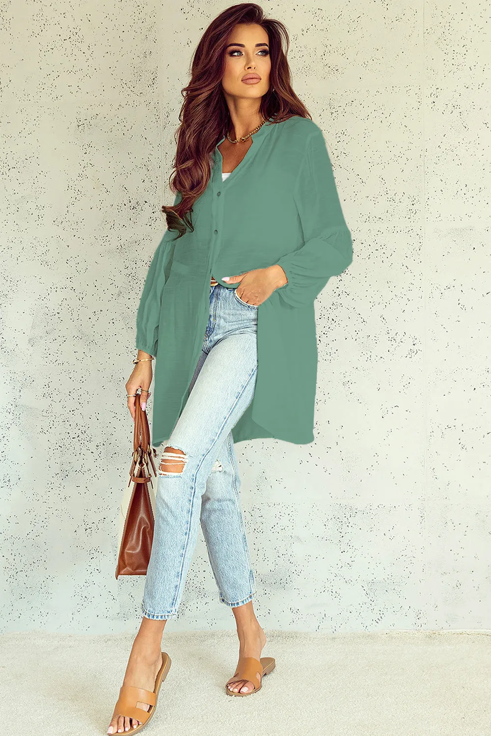 TEEK - Notched Button Up Balloon Sleeve Top