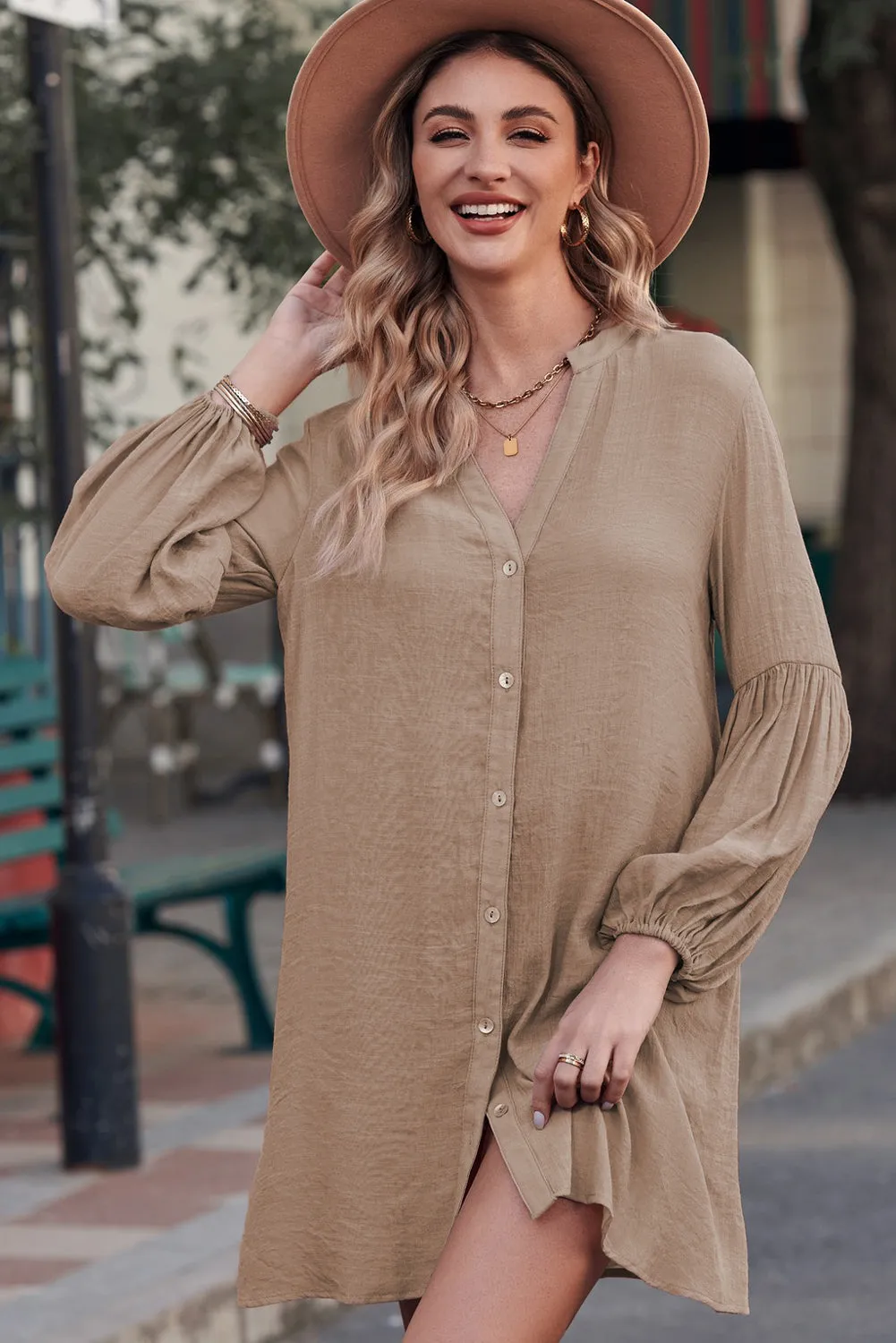 TEEK - Notched Button Up Balloon Sleeve Top