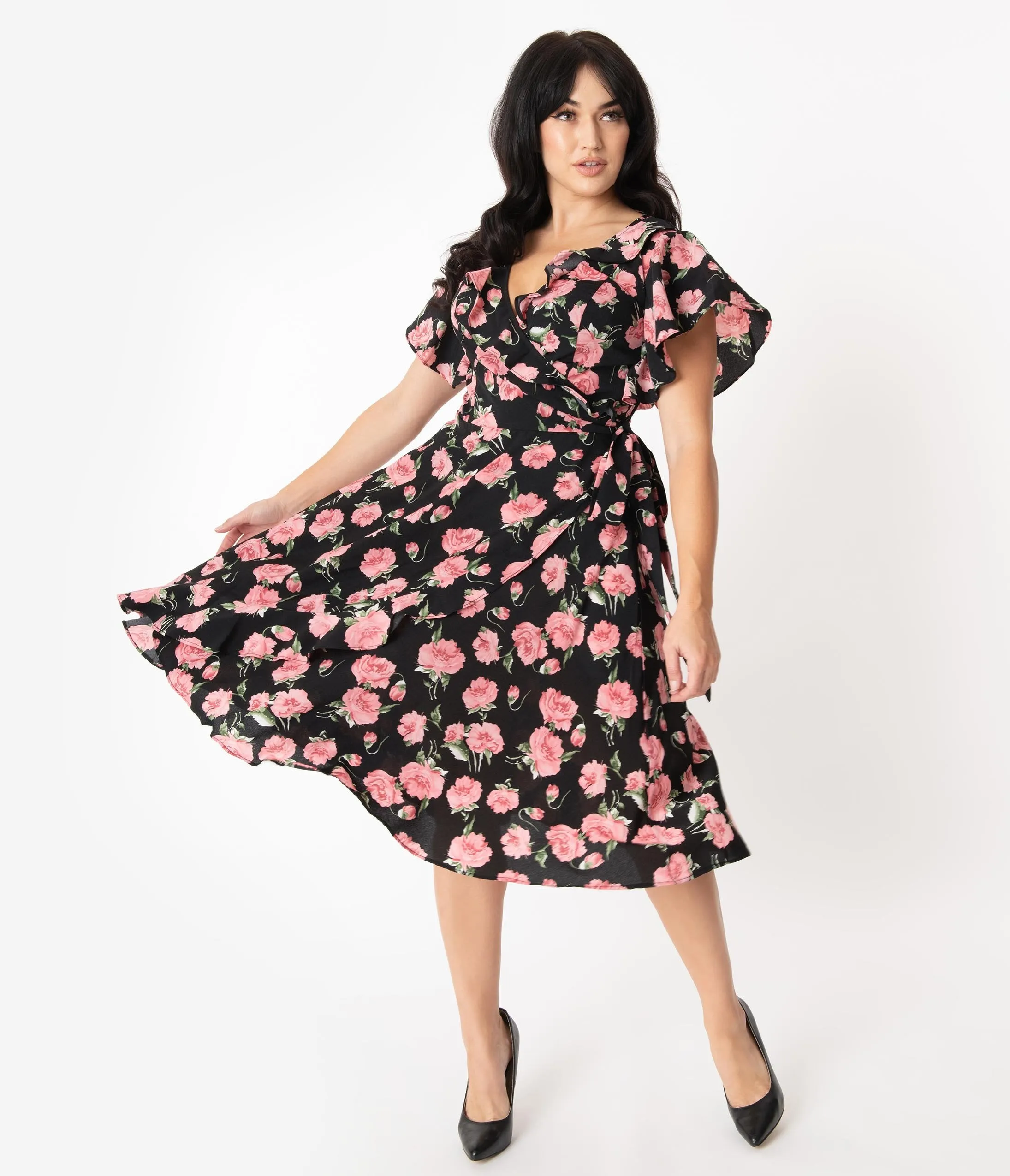 Unique Vintage 1940s Black & Pink Floral Print Luella Wrap Dress