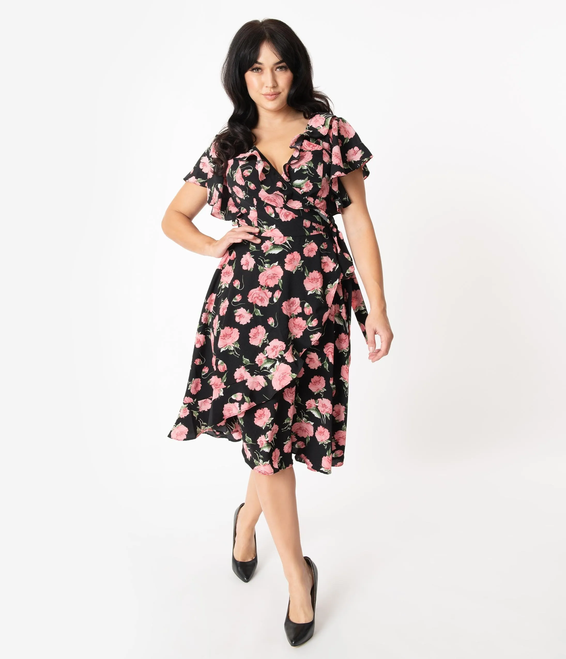 Unique Vintage 1940s Black & Pink Floral Print Luella Wrap Dress