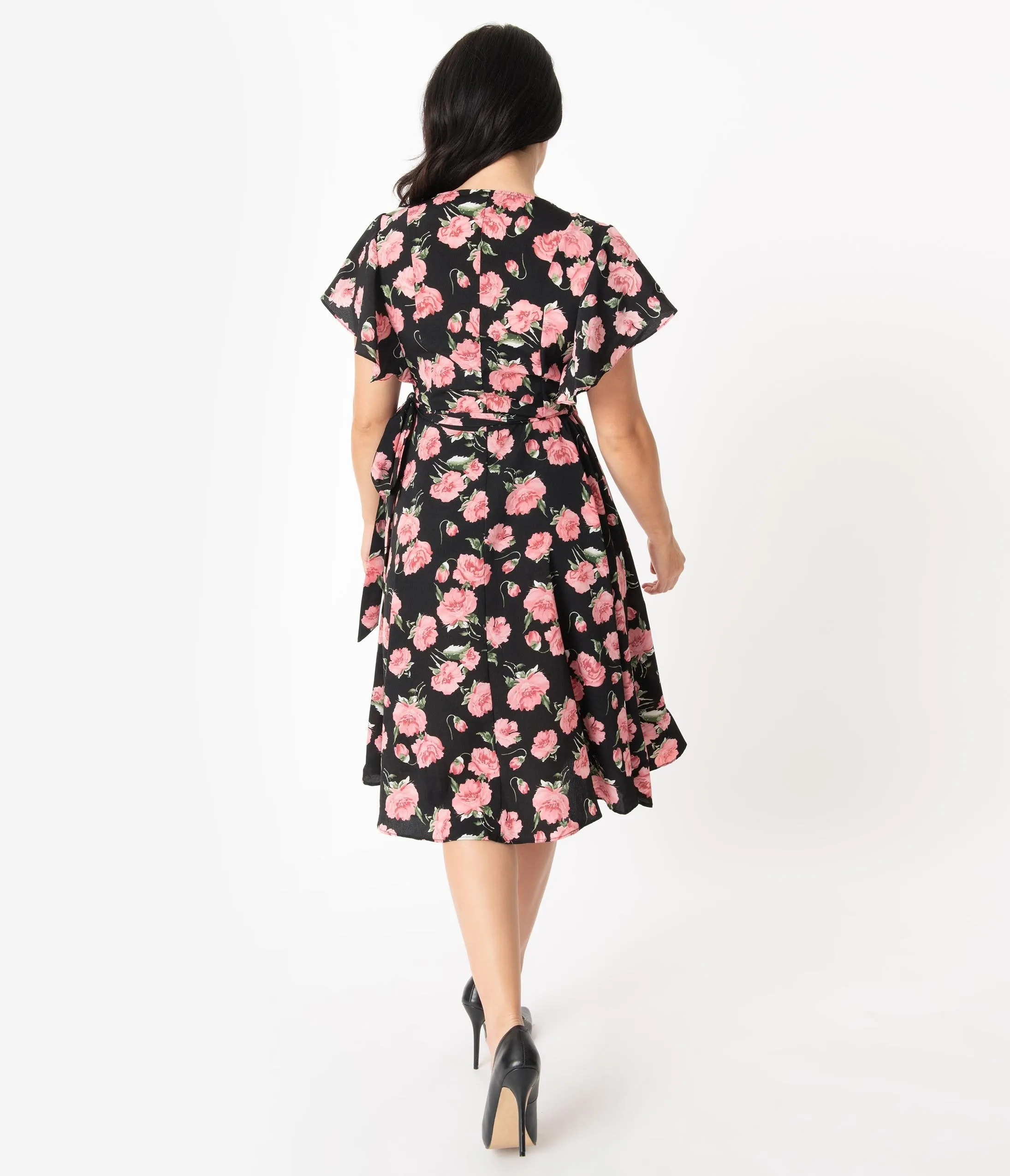 Unique Vintage 1940s Black & Pink Floral Print Luella Wrap Dress
