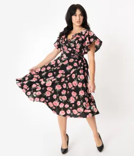 Unique Vintage 1940s Black & Pink Floral Print Luella Wrap Dress