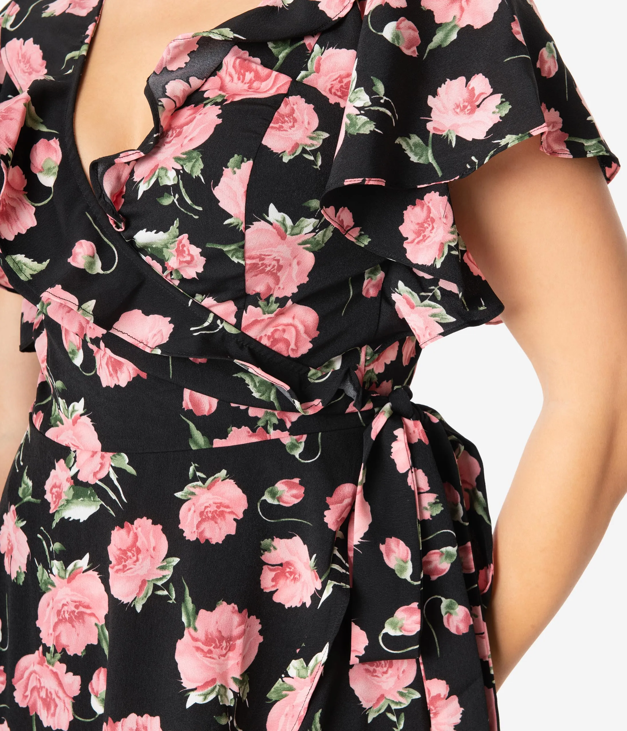 Unique Vintage 1940s Black & Pink Floral Print Luella Wrap Dress