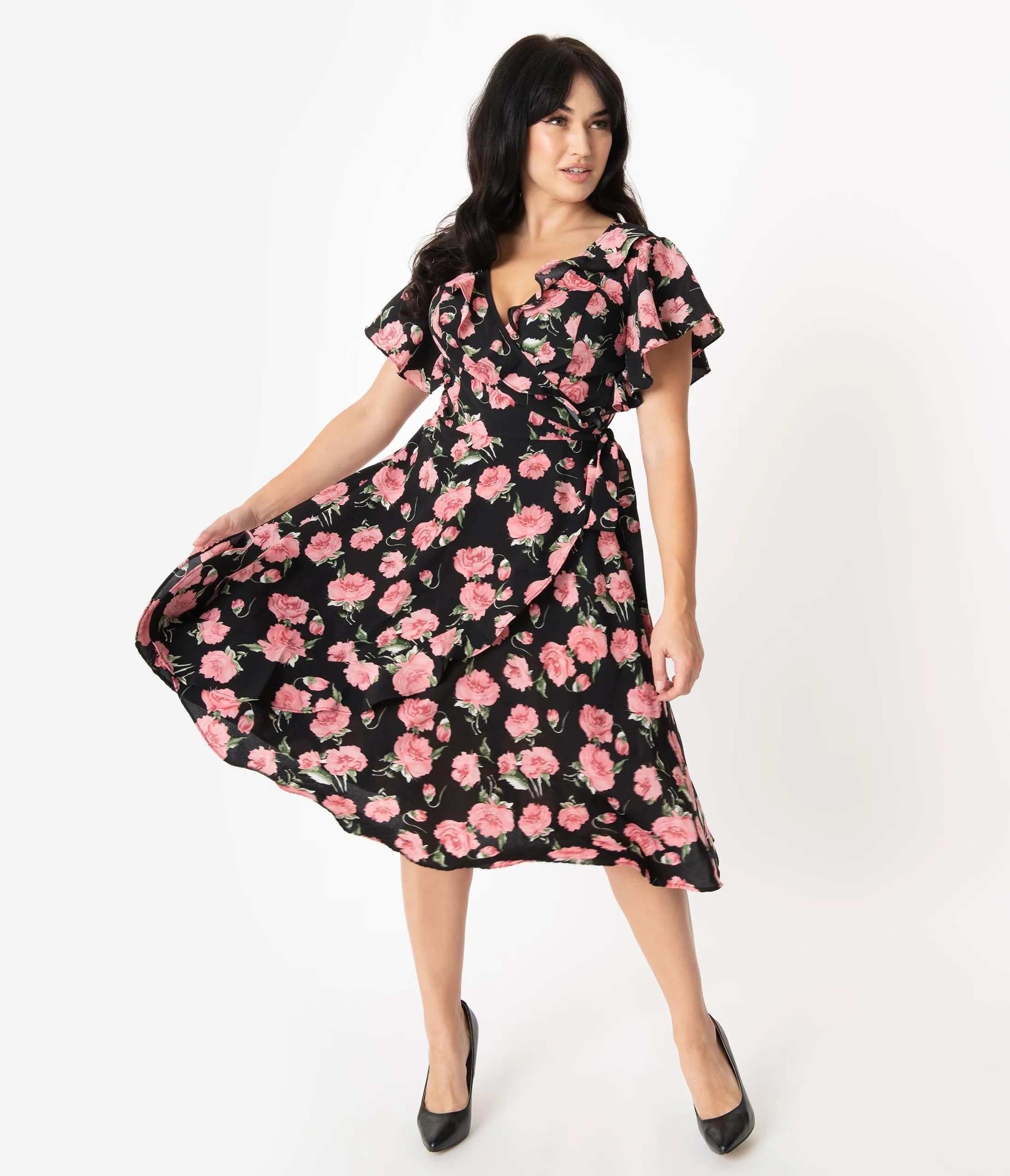 Unique Vintage 1940s Black & Pink Floral Print Luella Wrap Dress