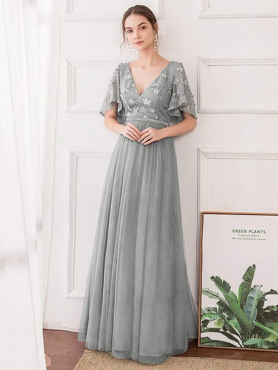 V-Neck Floral Embroidery Tulle Bridesmaid Dress with Ruffle Sleeve