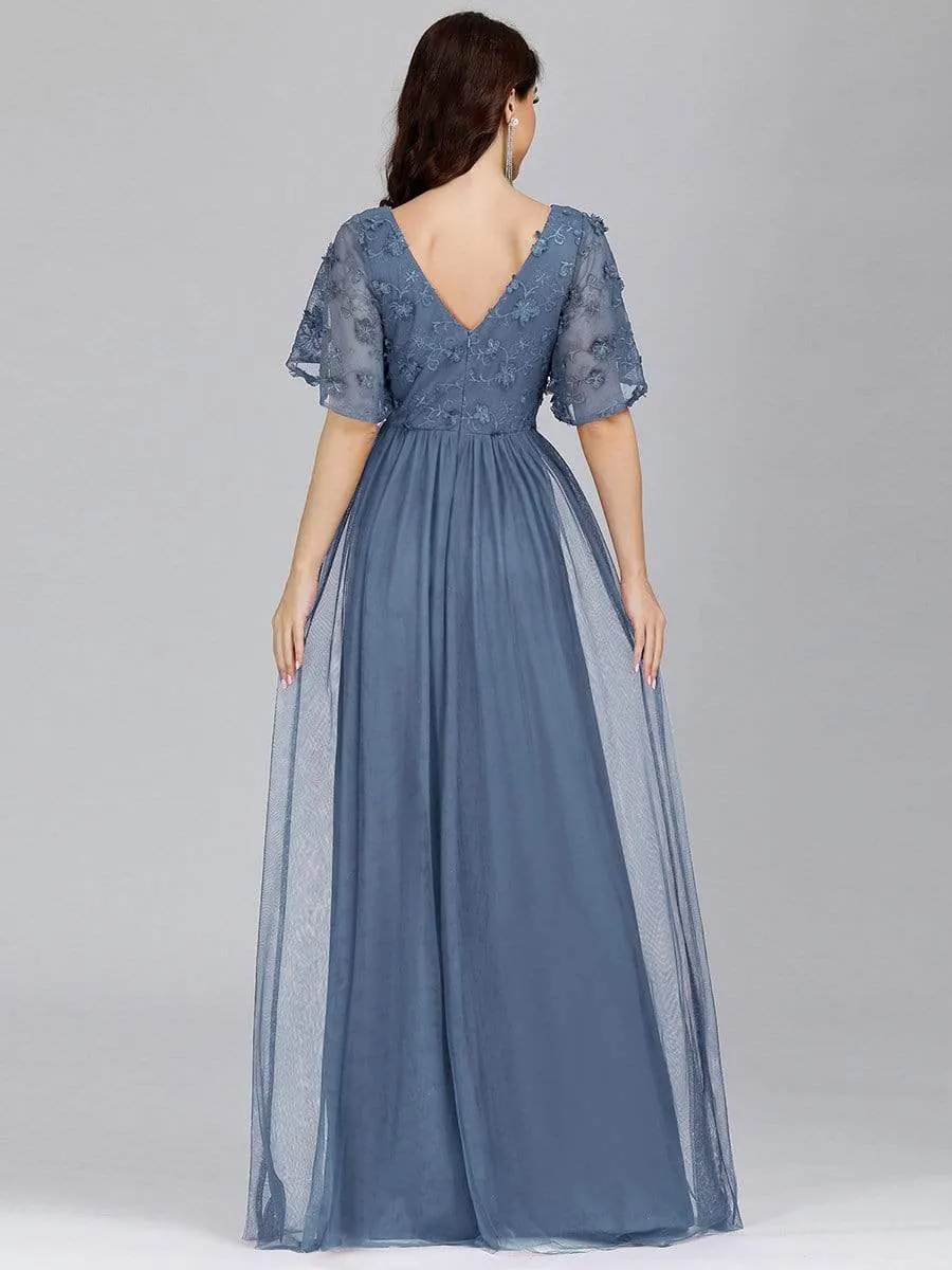 V-Neck Floral Embroidery Tulle Bridesmaid Dress with Ruffle Sleeve