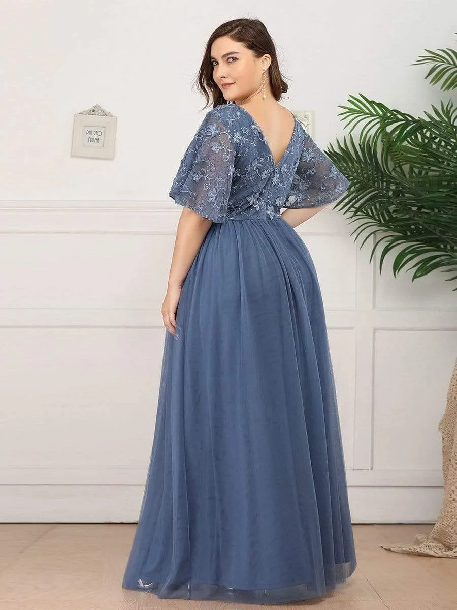 V-Neck Floral Embroidery Tulle Bridesmaid Dress with Ruffle Sleeve