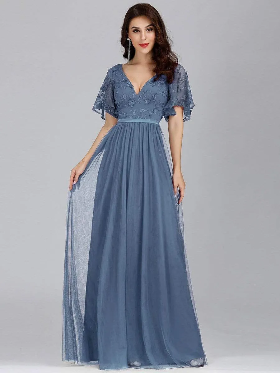 V-Neck Floral Embroidery Tulle Bridesmaid Dress with Ruffle Sleeve