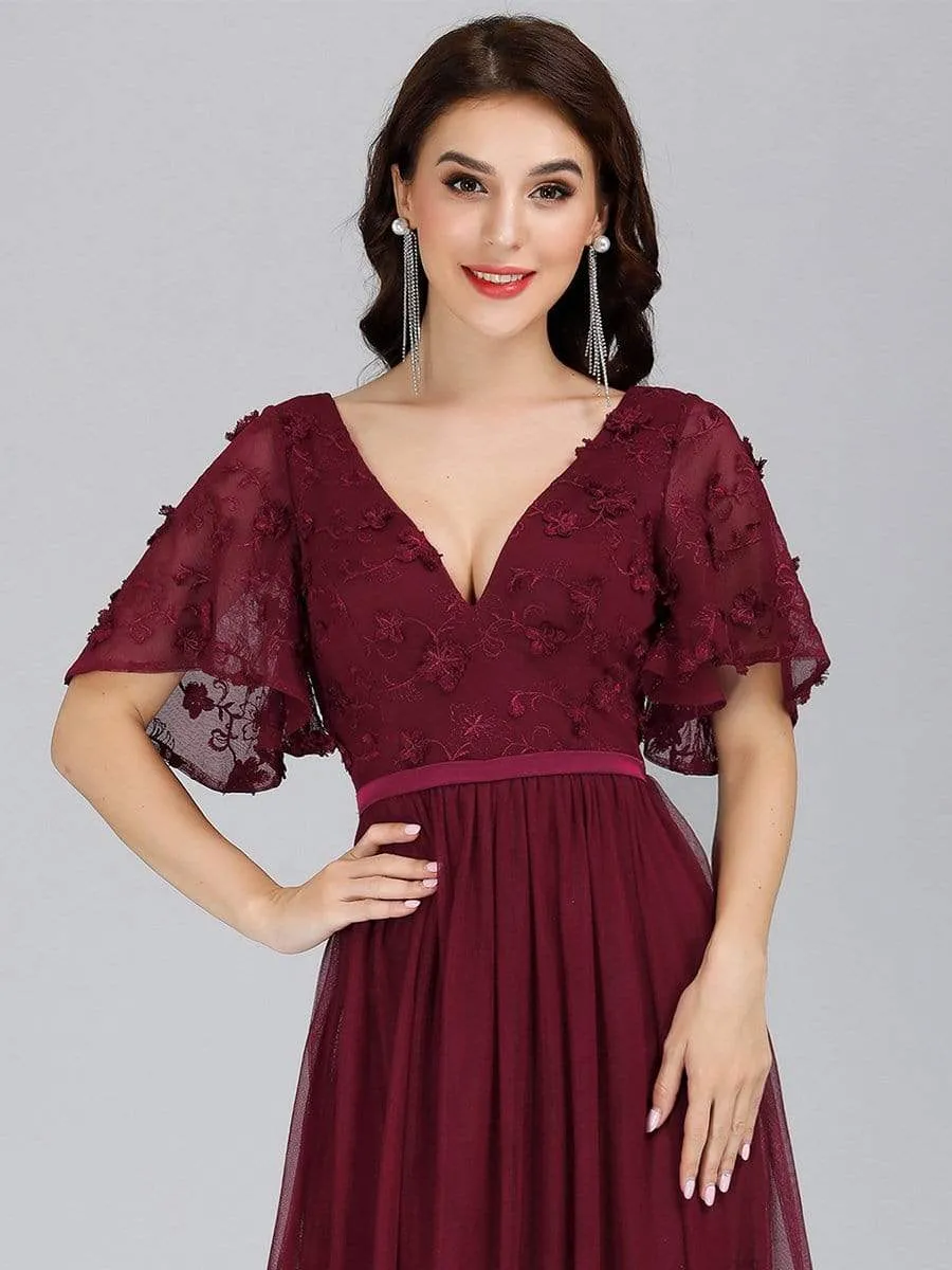 V-Neck Floral Embroidery Tulle Bridesmaid Dress with Ruffle Sleeve