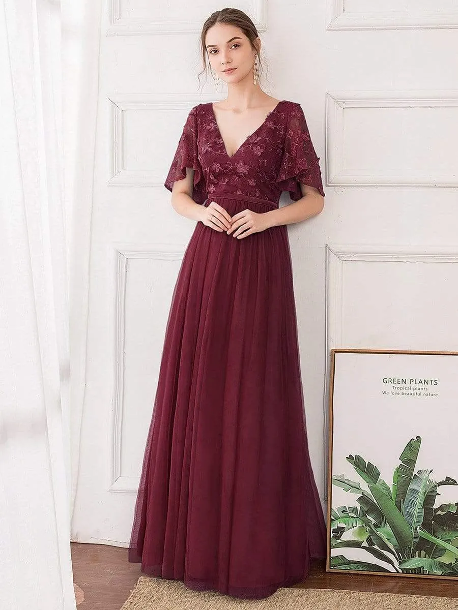 V-Neck Floral Embroidery Tulle Bridesmaid Dress with Ruffle Sleeve