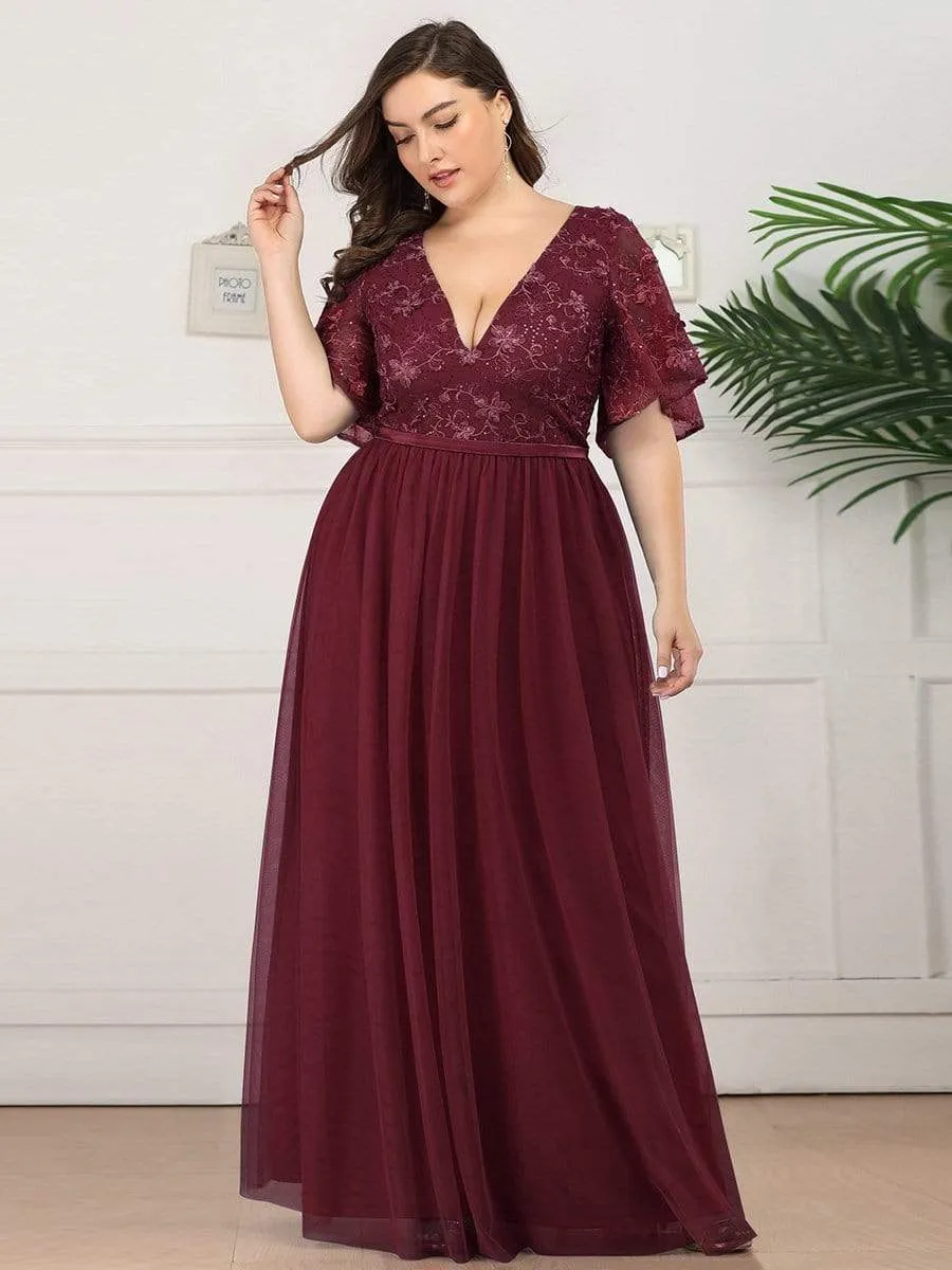 V-Neck Floral Embroidery Tulle Bridesmaid Dress with Ruffle Sleeve