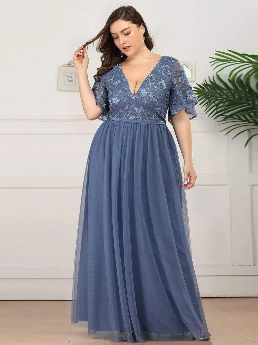 V-Neck Floral Embroidery Tulle Bridesmaid Dress with Ruffle Sleeve