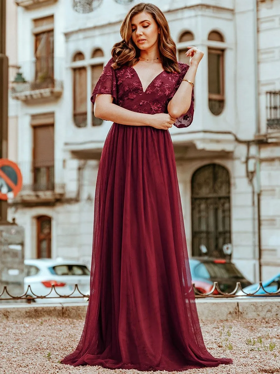 V-Neck Floral Embroidery Tulle Bridesmaid Dress with Ruffle Sleeve