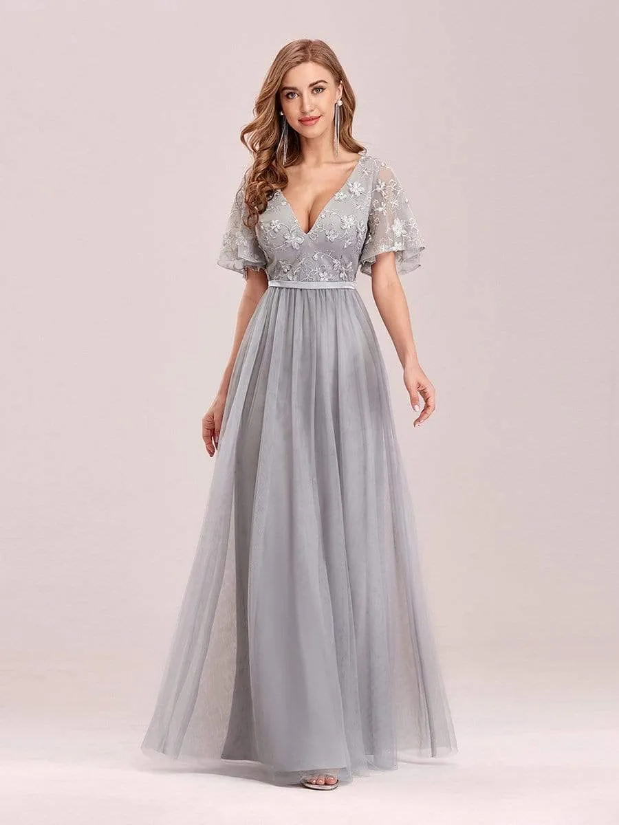 V-Neck Floral Embroidery Tulle Bridesmaid Dress with Ruffle Sleeve