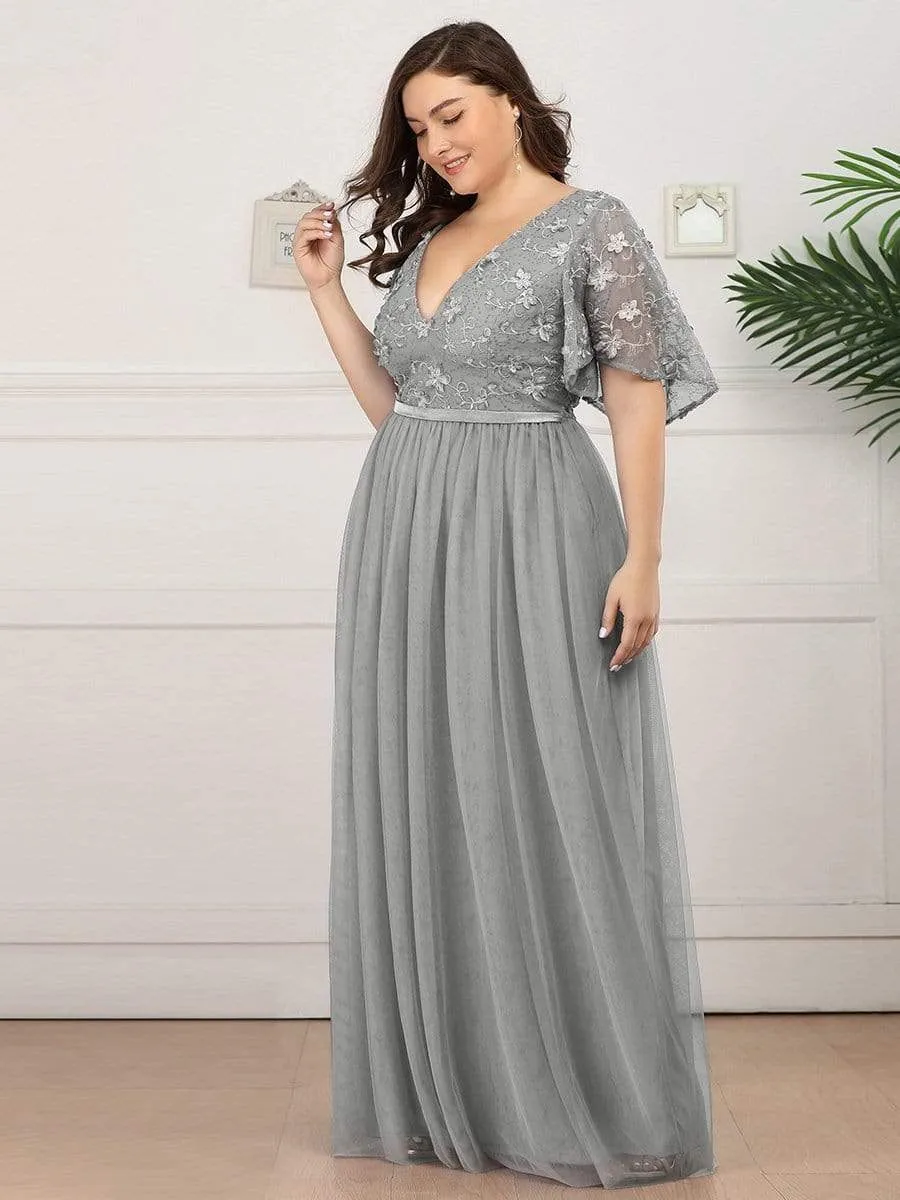 V-Neck Floral Embroidery Tulle Bridesmaid Dress with Ruffle Sleeve