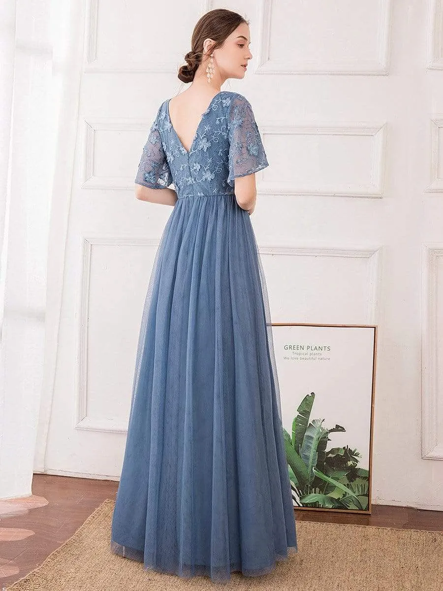 V-Neck Floral Embroidery Tulle Bridesmaid Dress with Ruffle Sleeve