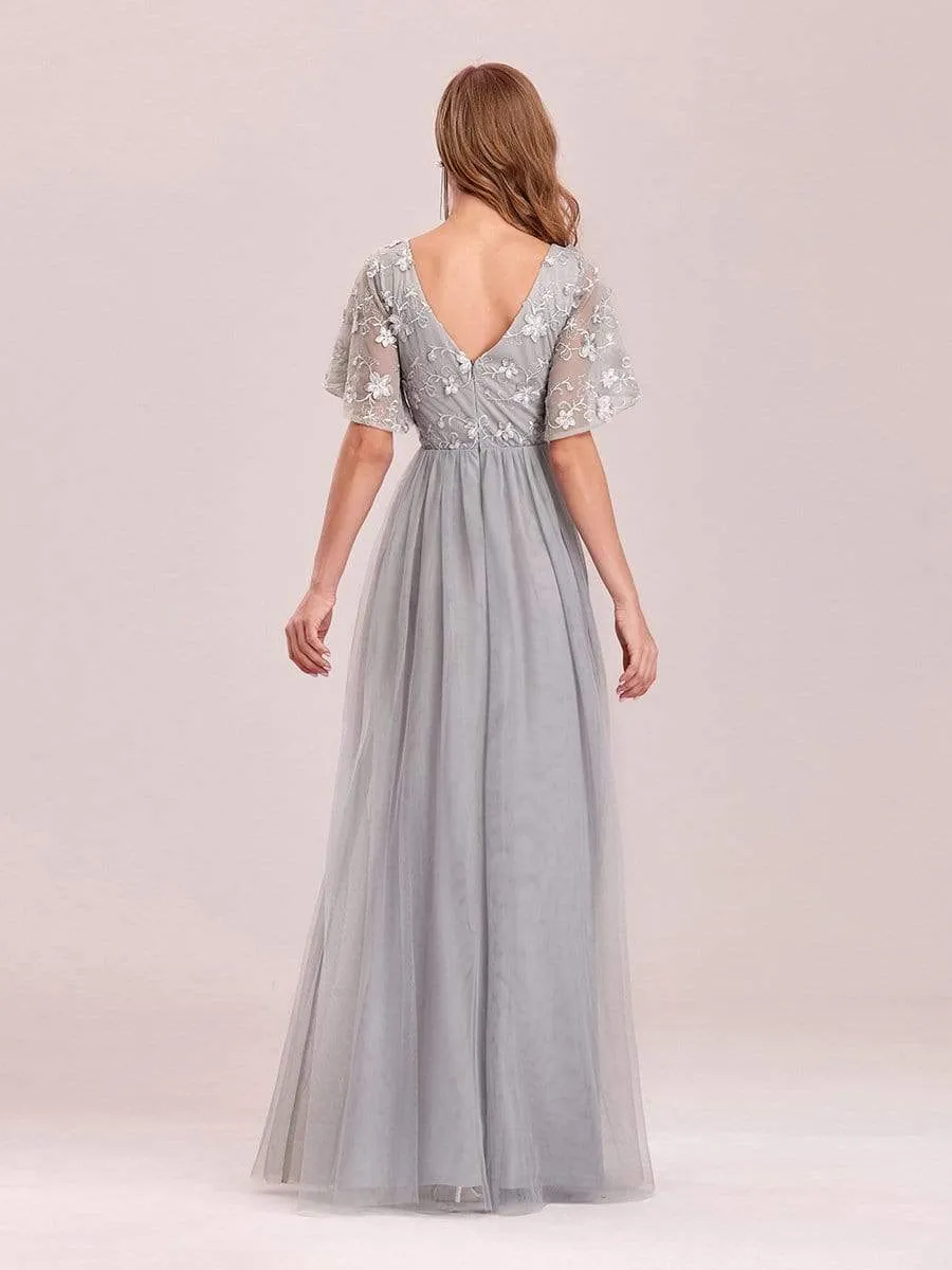 V-Neck Floral Embroidery Tulle Bridesmaid Dress with Ruffle Sleeve