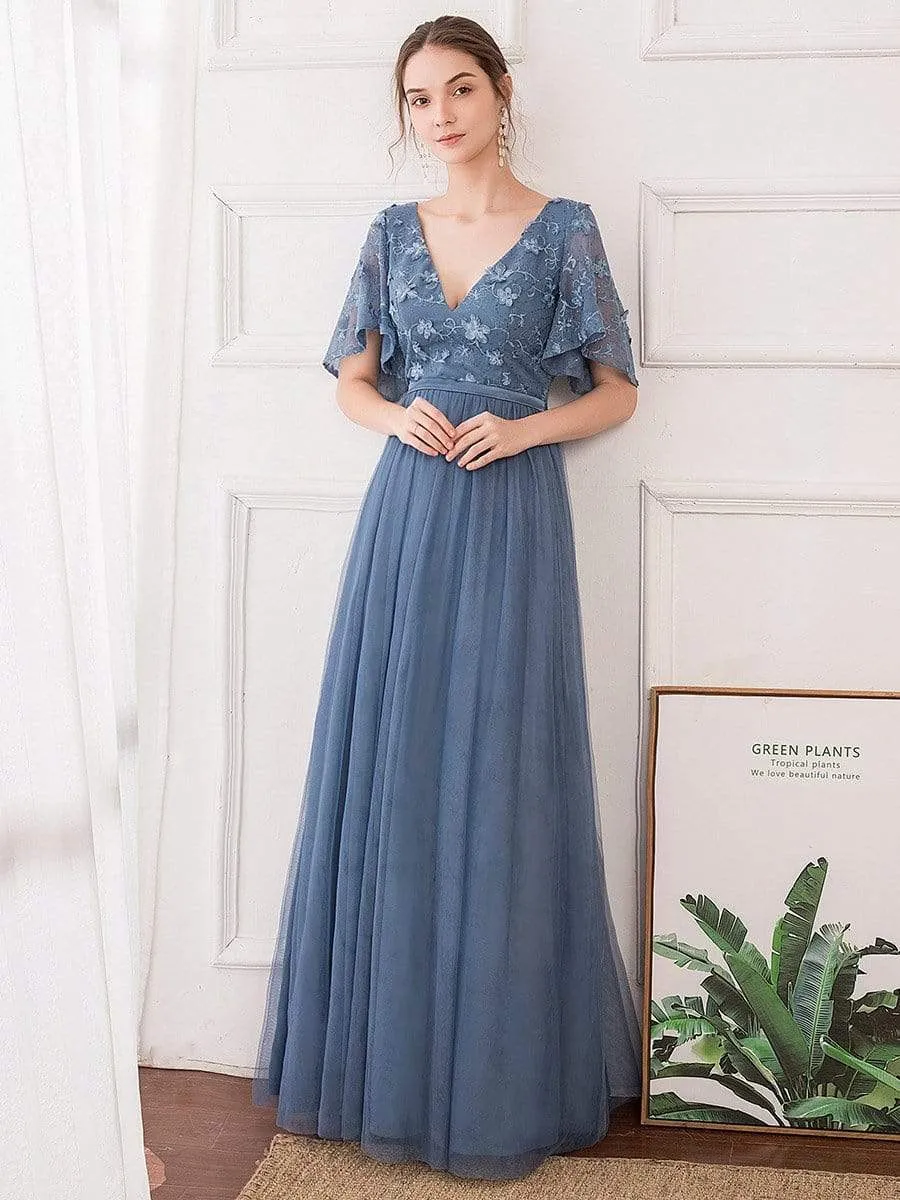 V-Neck Floral Embroidery Tulle Bridesmaid Dress with Ruffle Sleeve