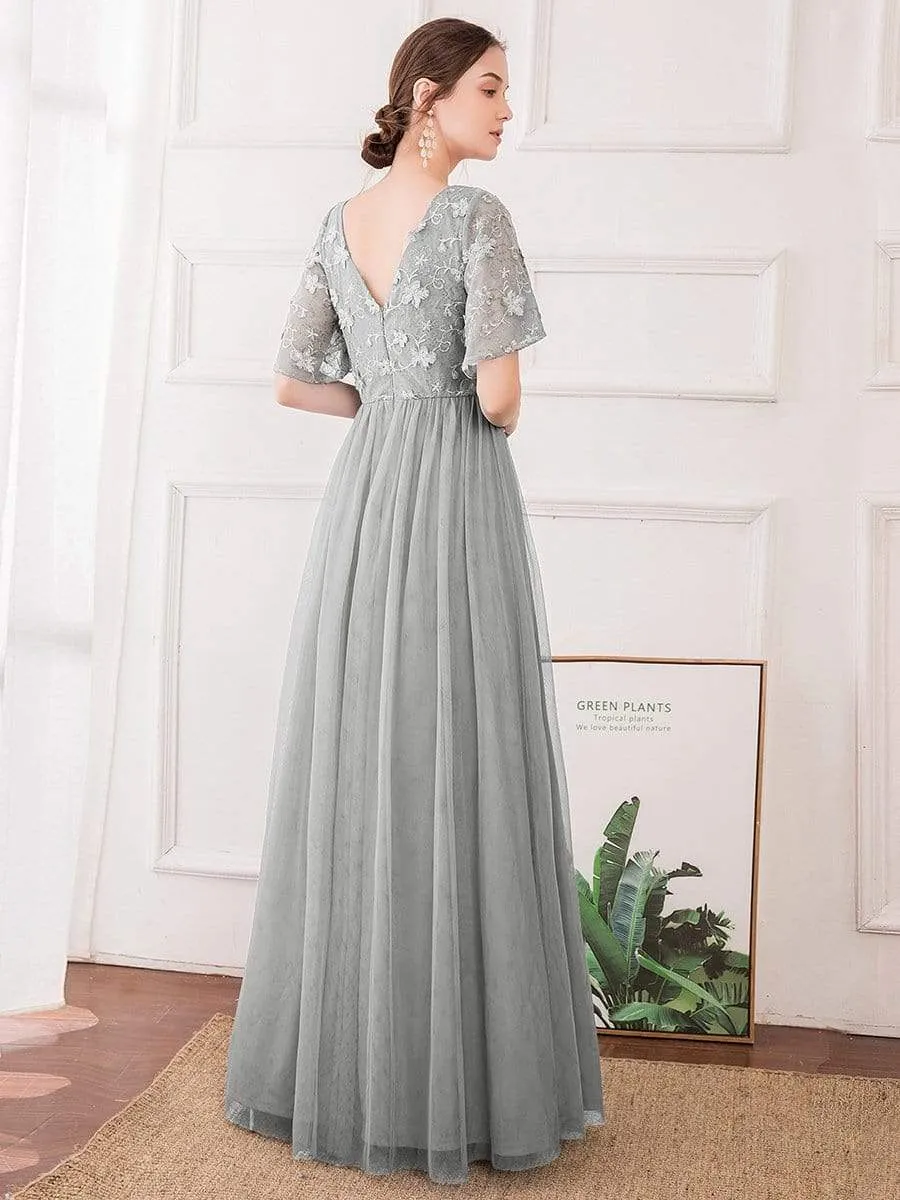 V-Neck Floral Embroidery Tulle Bridesmaid Dress with Ruffle Sleeve