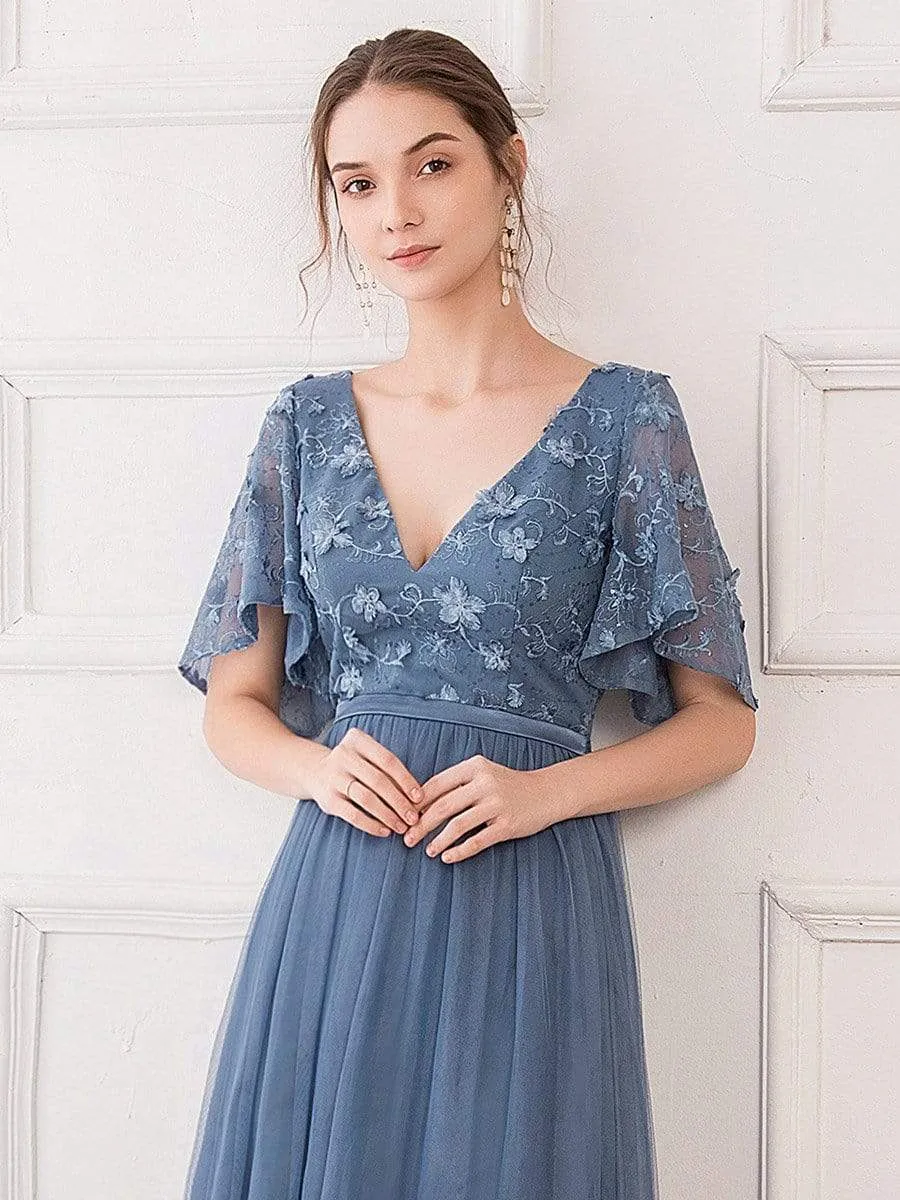 V-Neck Floral Embroidery Tulle Bridesmaid Dress with Ruffle Sleeve