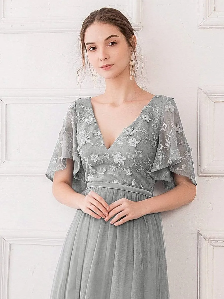 V-Neck Floral Embroidery Tulle Bridesmaid Dress with Ruffle Sleeve